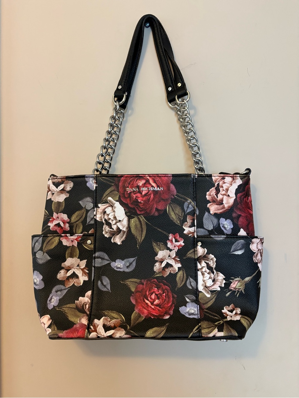 Dana Buchman Black Floral Chain-Handle Tote